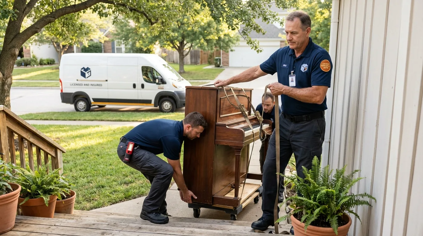 Licensed piano movers securing grand piano in Markham, IL