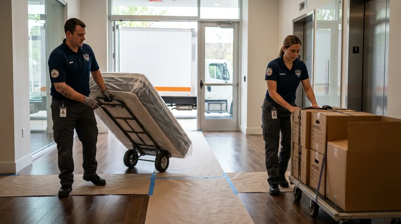 Professional apartment movers loading elevator in Markham, IL